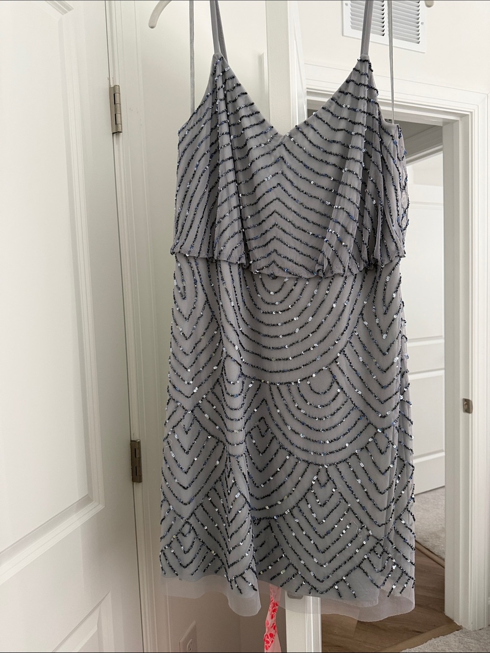 Adrianna Papell Silver Gray Beaded Spaghetti-Strap Mini Dress